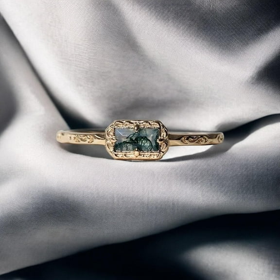 Lakshay Enterprise Natural Moss Agate Ring, Baguette Cut Green Agate, 925 Sterling Yellow Gold-Plated