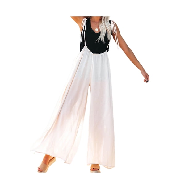 TRKIYQC Pantalones de tirantes casuales para mujer, pantalones de pierna ancha de color sólido con correas de amarre, negro/blanco/caqui TRKIYQC perder