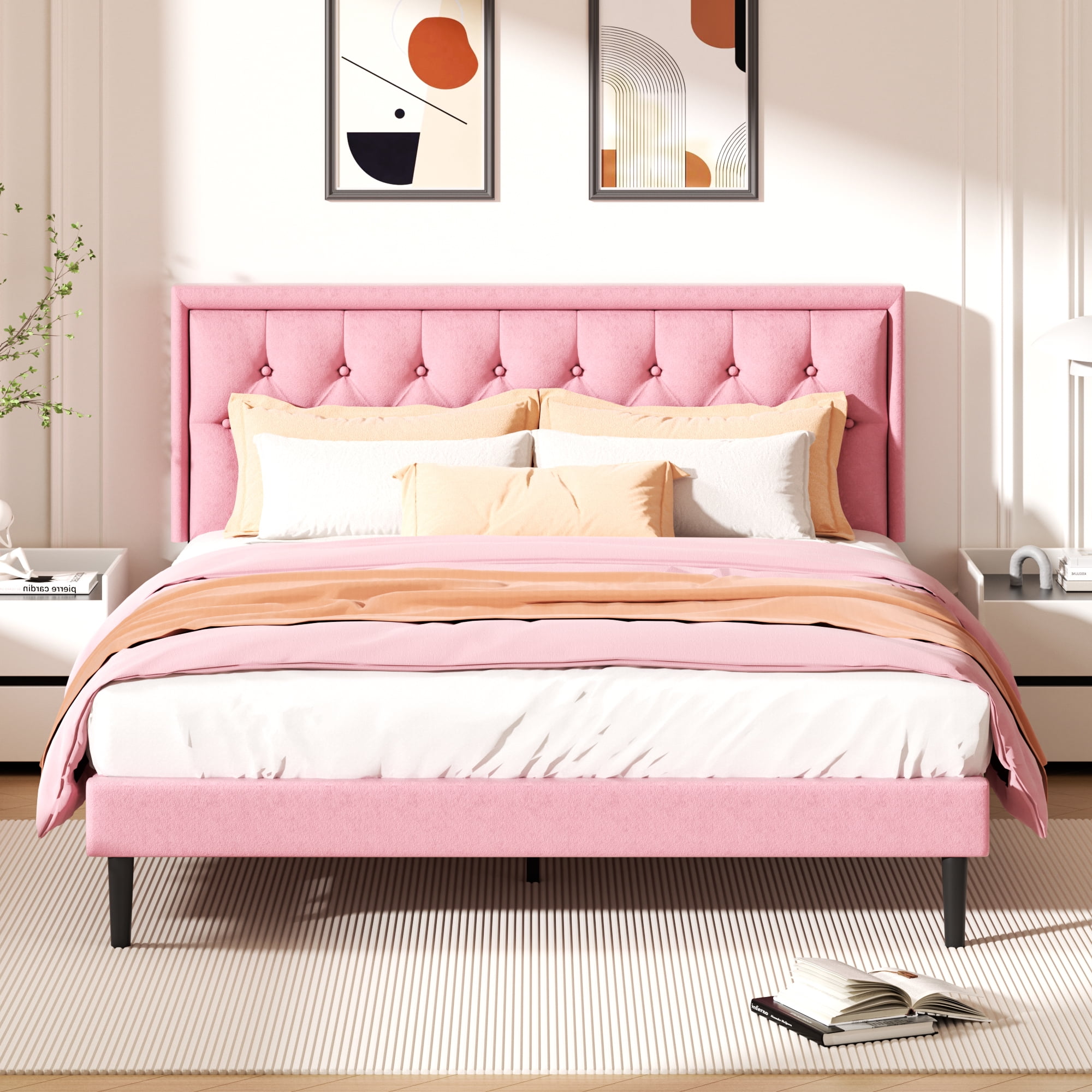 King Size Platform Bed Frame with Upholstered Velvet Button Tufted Headboard, Mattress Foundation with Wooden Slat Support, No Box Spring Needed, Easy Assembly, Noise Free,Pink