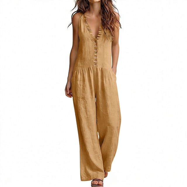 SZJXBUY Spring Womens Jumpsuit Dressy Casual Cotton Linen Jumpsuits Dressy Plus Size Wide Leg Sleeveless Ruffled V Neck Button Boho Overall Romper with Pockets Brown,XL