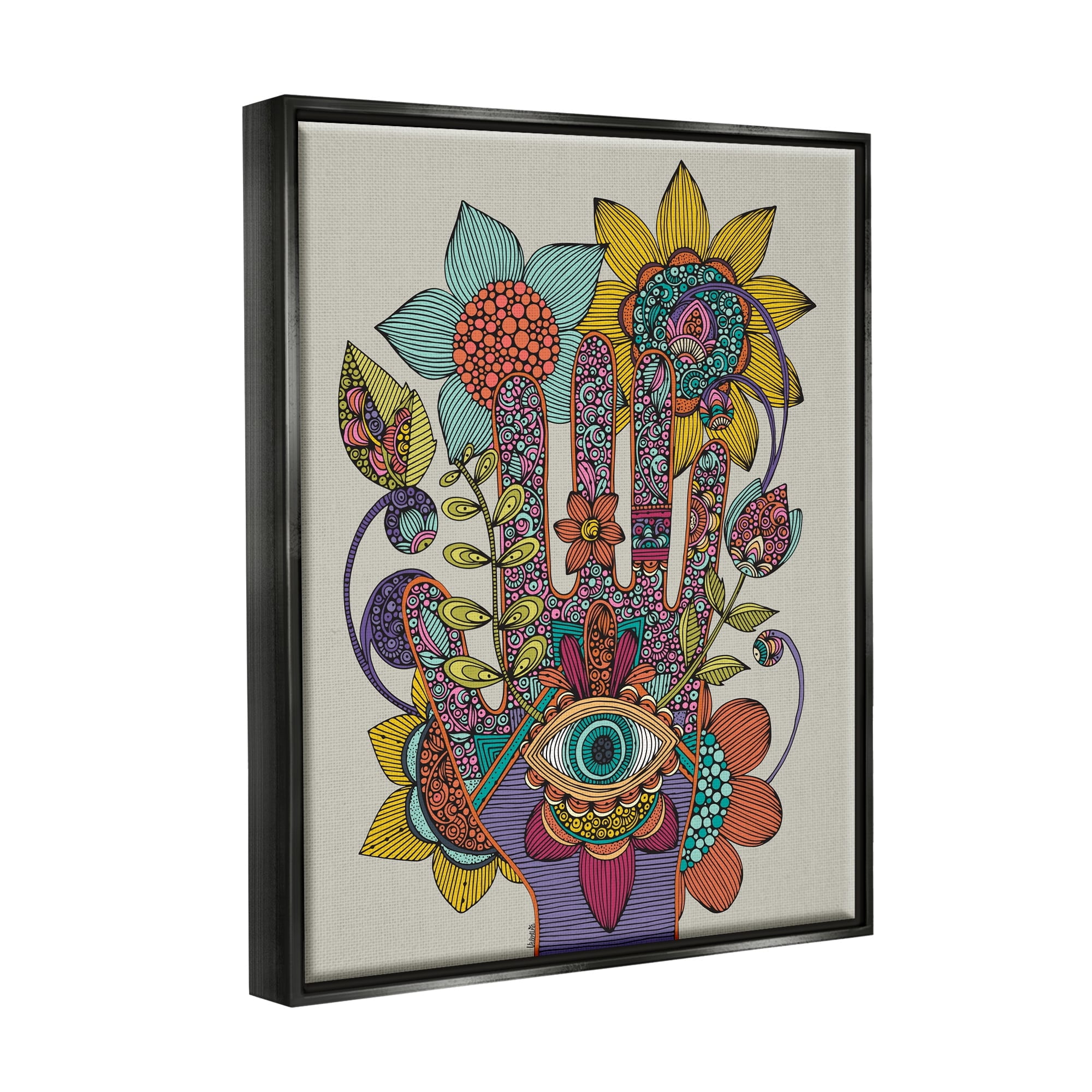 Stupell Industries Intricate Paisley Patterns Floral Hand Eye Shape Graphic Art Luster Gray Floating Framed Canvas Print Wall Art, Design by Valentina Harper