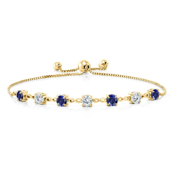 Gem Stone King 18K Yellow Gold Plated Silver Blue Created Sapphire and White Moissanite Infinity Links Bracelet for Women (2.39 Cttw, Round 4.5MM, Fully Adjustable up to 9 inch)