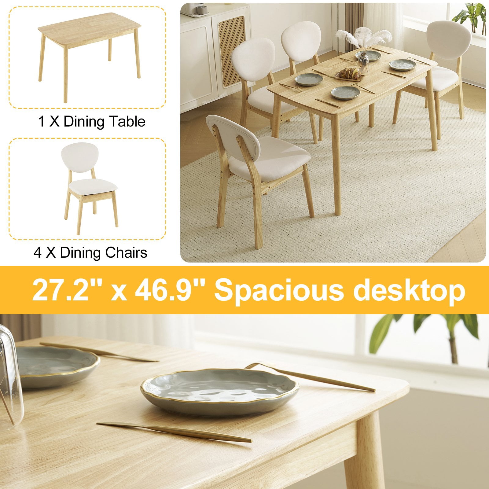Ktaxon Dining Table Set for 4 Solid Wood Dinner Table with Padded Chairs for Home Kitchen Restaurant 47" Wood Color
