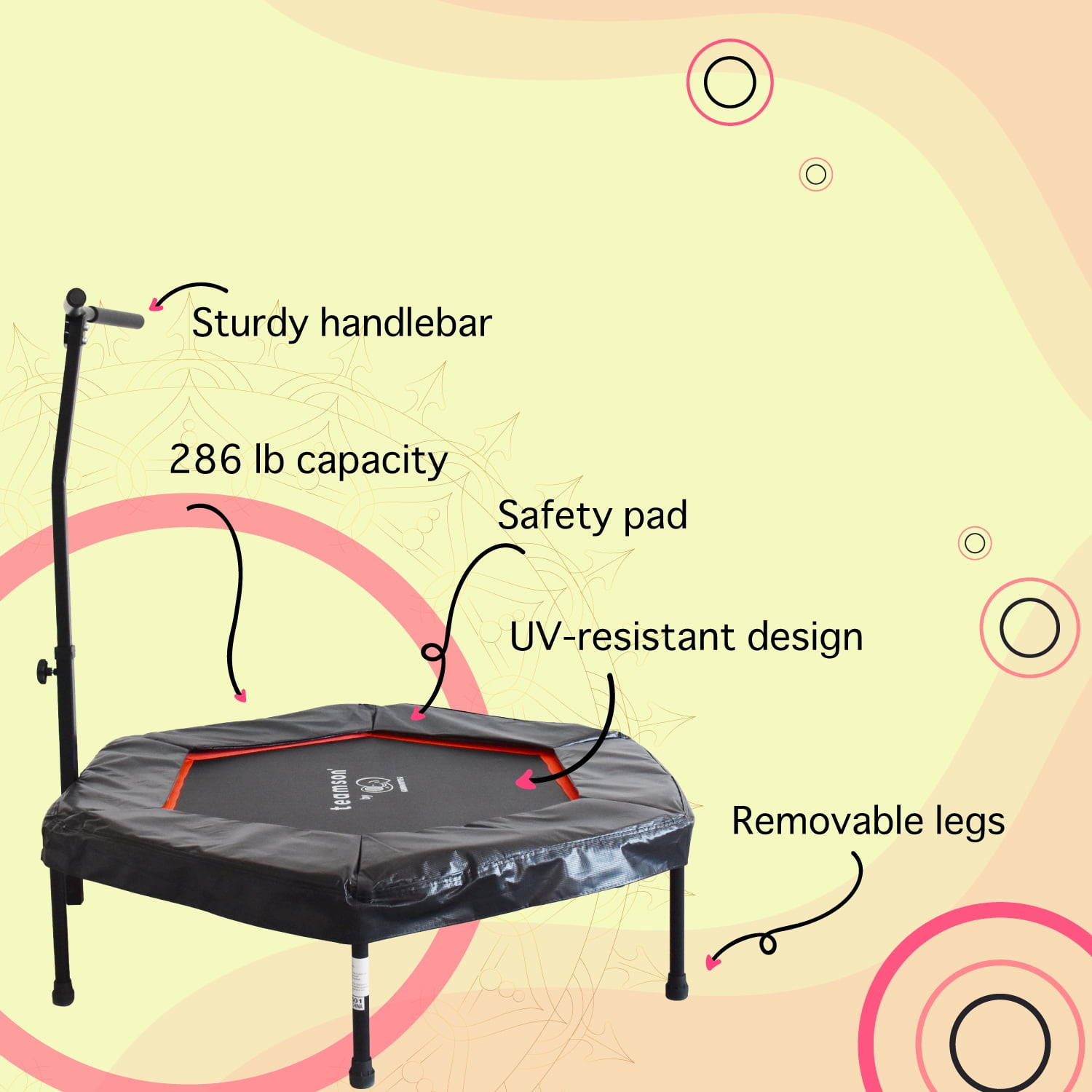 Teamson by Crowntec 50" Steel Hexagonal Mini Trampoline, 286 LBS Weight Capacity Fitness Rebounder with Handlebar, UV-Resistant Indoor/Outdoor Exercise Trampoline, Red