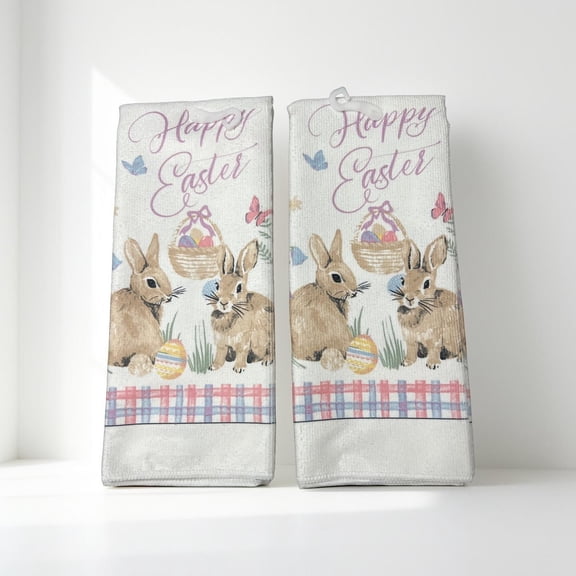 Easter Bunny Kitchen Towels 2 Pack, 15 x 25 in Decorative Spring Dish Towels, Heavyweight Polyester, Happy Easter Rabbits & Eggs Design