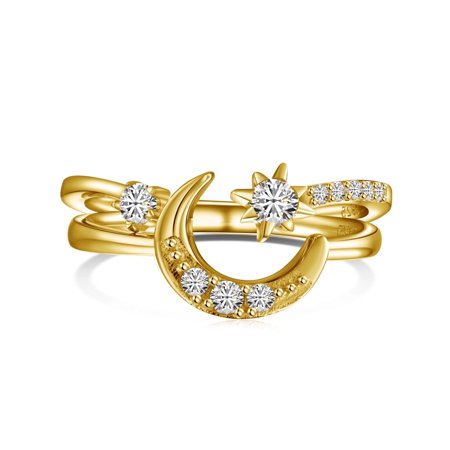 Flydeer Stackable Matching Rings for Women - 925 Sterling Silver Cubic Zirconia Moon, Sun & Star Minimalist 2Pcs Adjustable Ring Set for Her Gold Size 8
