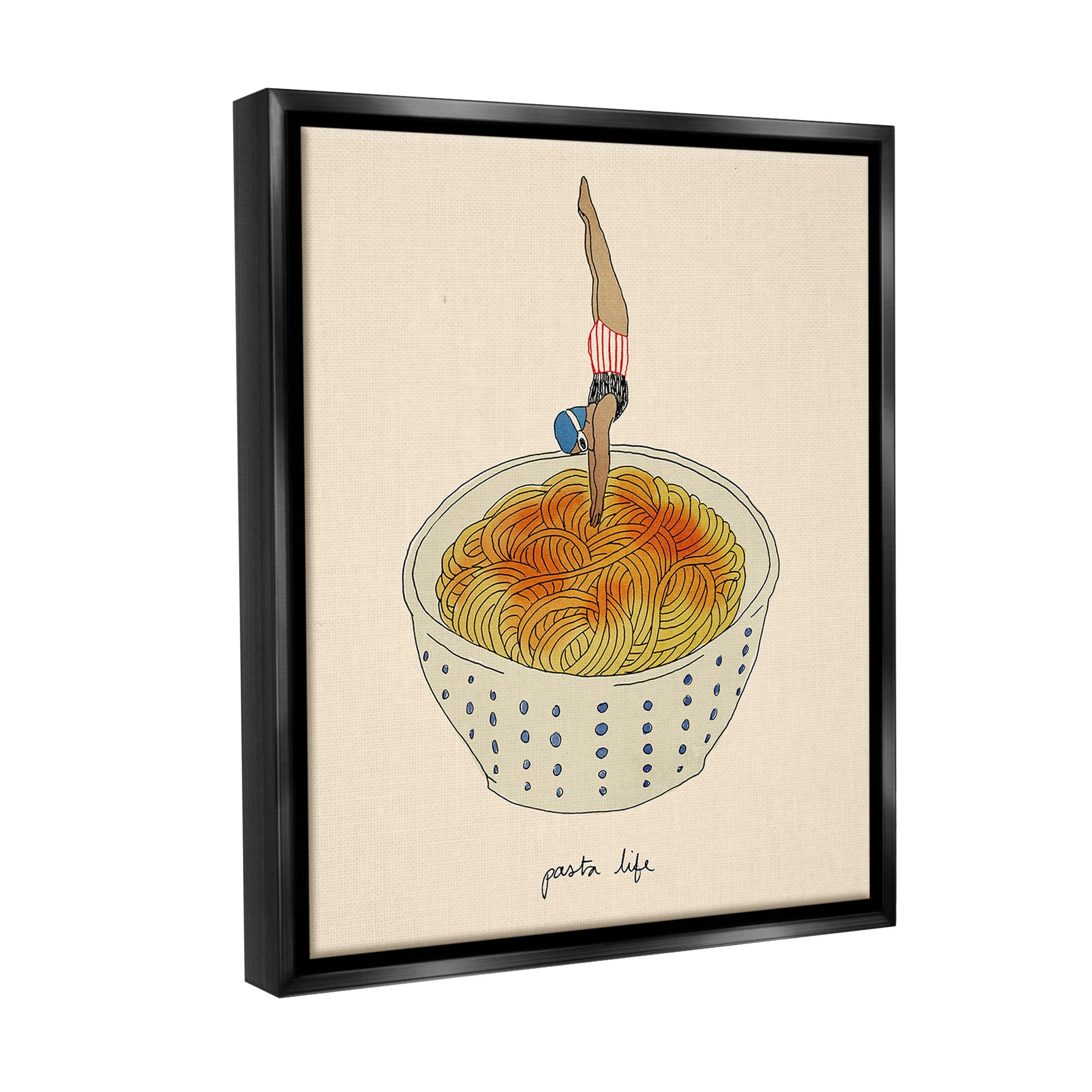 Stupell Industries Swimmer with Pasta Bowl Food & Beverage Painting Black Floater Framed Canvas Art Print Wall Art, 17 x 21