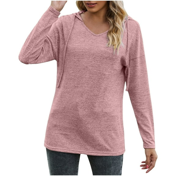 ShomPort Womens Fall Long Sleeve Hoodie Solid Color Lounge Sweatshirt Hooded Neck Pullover Tunic Tops