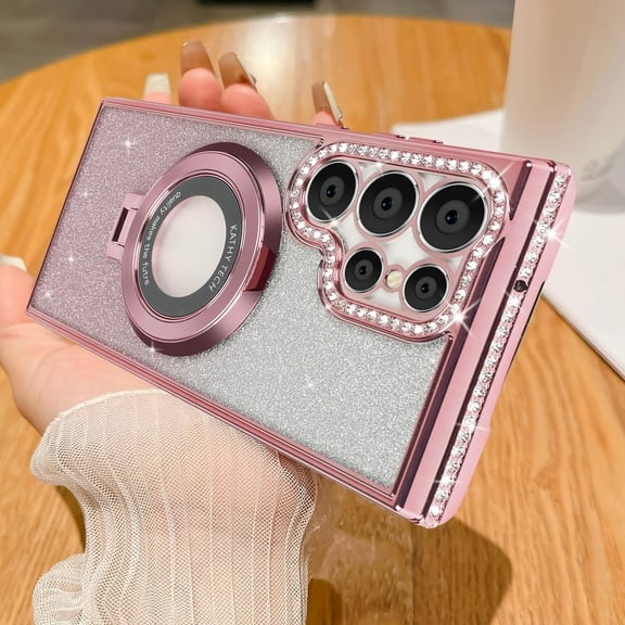 Decase Compatible for Samsung Galaxy S24 Ultra Mag-Safe Case,Support Wireless Charging  with Invisible Ring Kickstand Bling Rhinestone Diamond Case for Women Girls for Galaxy S24 Ultra,Glitter Pink