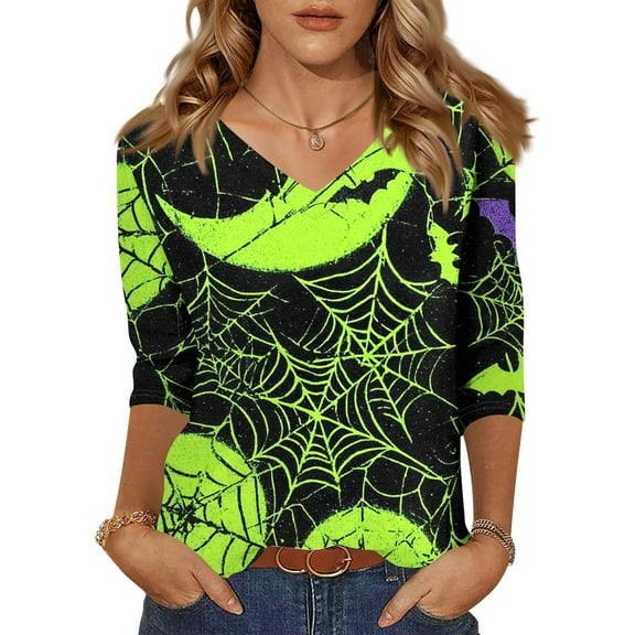WTOBBY Women's Halloween Printed V-Neck Loose Shirt with 3/4 Sleeve, Casual Button Detail T-Shirt Top for Fall Season, Comfortable Fashion Apparel and Daily Wear,Green L