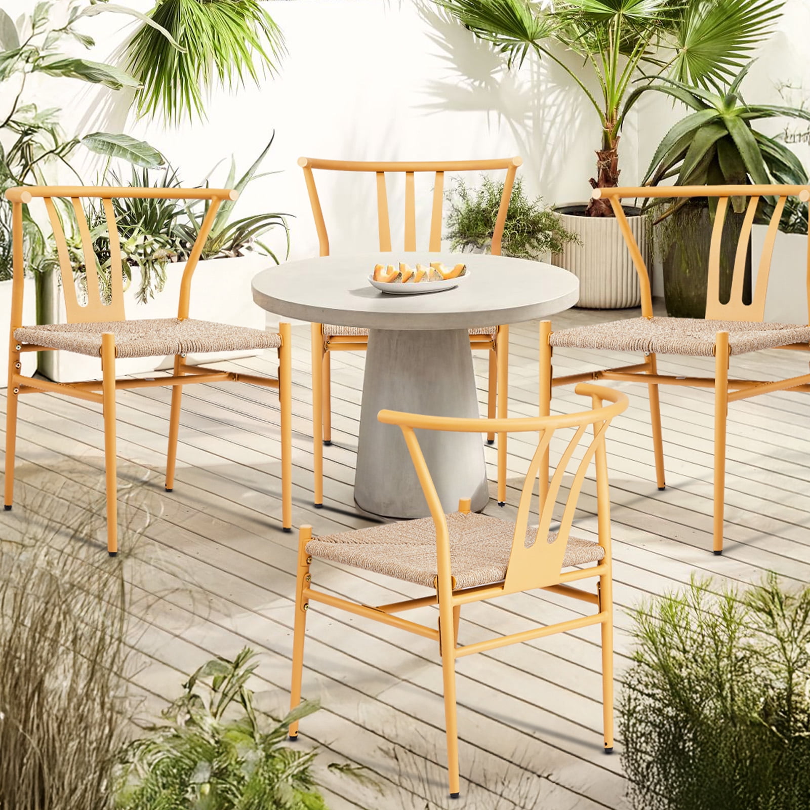 4PCS Weave Dining Chair, Mid-Century Modern Metal Rattan Chair for Kitchen Dining Living Room, Wood Color