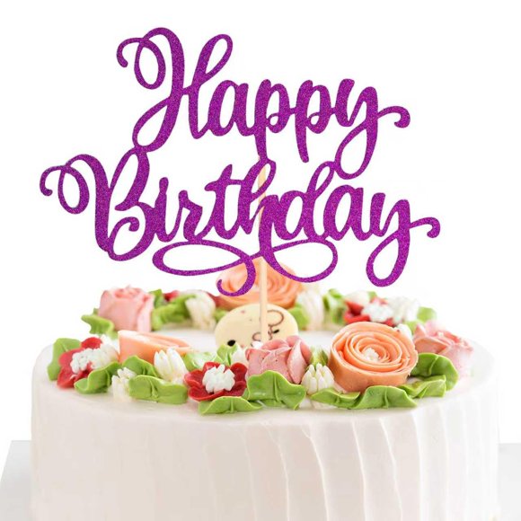 Decoración para tartas EIOAUY Happy Birthday, 23 cm, purpurina, color morado oscuro
