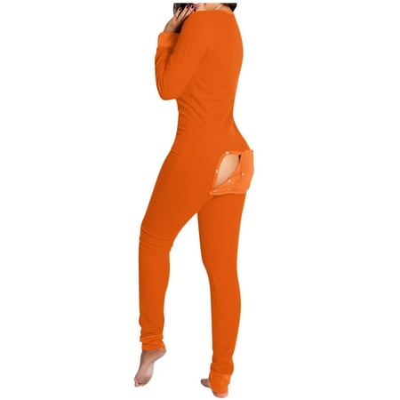 

Fsqjgq for Women Sleep Jumpsuit Women s Buttoned Functional Button-Down Flap Adults Women s Jumpsuit Women S Tall Sleepwear Womens Pajama Sets Matching Pajamas for Couples Polyester Orange S