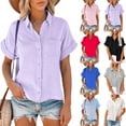 thumbnail image 3 of Summer Button Up Shirts for Women Casual Short Sleeve Plain Lapel Neck Blouse Work Office Tee Tops, 3 of 3