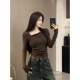 thumbnail image 1 of Camisetas de manga larga para mujer, lisas, sexys, con pliegues, combinables, ajustadas, elegantes, de temperamento informal, ropa de calle moderna, retro y con estilo., 1 of 6
