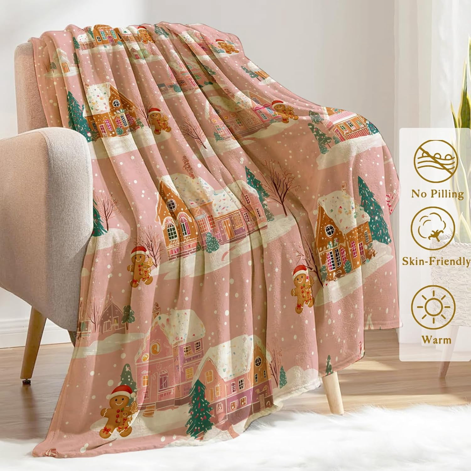 Christmas Decorative Throw Blanket Gingerbread House and Pink Snowy Print Decoration, Soft Flannel Winter Blankets for Couch Bed Sofa, Holiday Home Decor, Xmas Festival Gifts 60x80 Inch