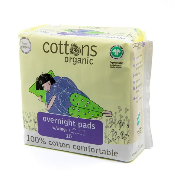Cottons Organic Overnight Pads with Wings | 10-Individually Wrapped Pads | Unscented | Chlorine Free | Leak-Proof | Certified Organic Cotton | Heavy Absorbency (1 Pack of 10)