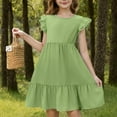 thumbnail image 2 of FAHXNVB Girls Crewneck Long Dress Solid Color Flutter Sleeve Ruffle Hem A-Line Swing Casual Dresses Summer Fashion Princess Dress 3-13 Years, 2 of 7