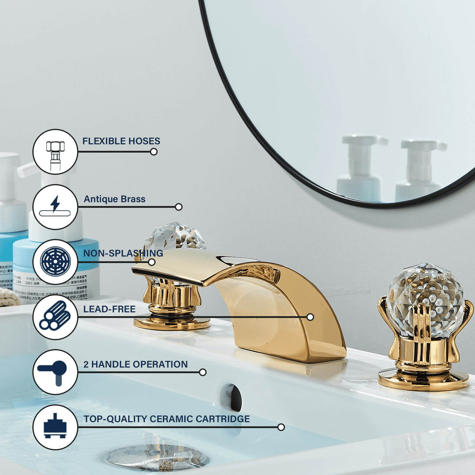 Zovajonia 3 Hole Bathroom Faucet, Dual Crystal Knobs Vanity Basin LED Sink Faucet Mixer Bronze Bath Faucets, Gold Widespread bathroom faucets for sink 3 hole Waterfall Tub Faucet