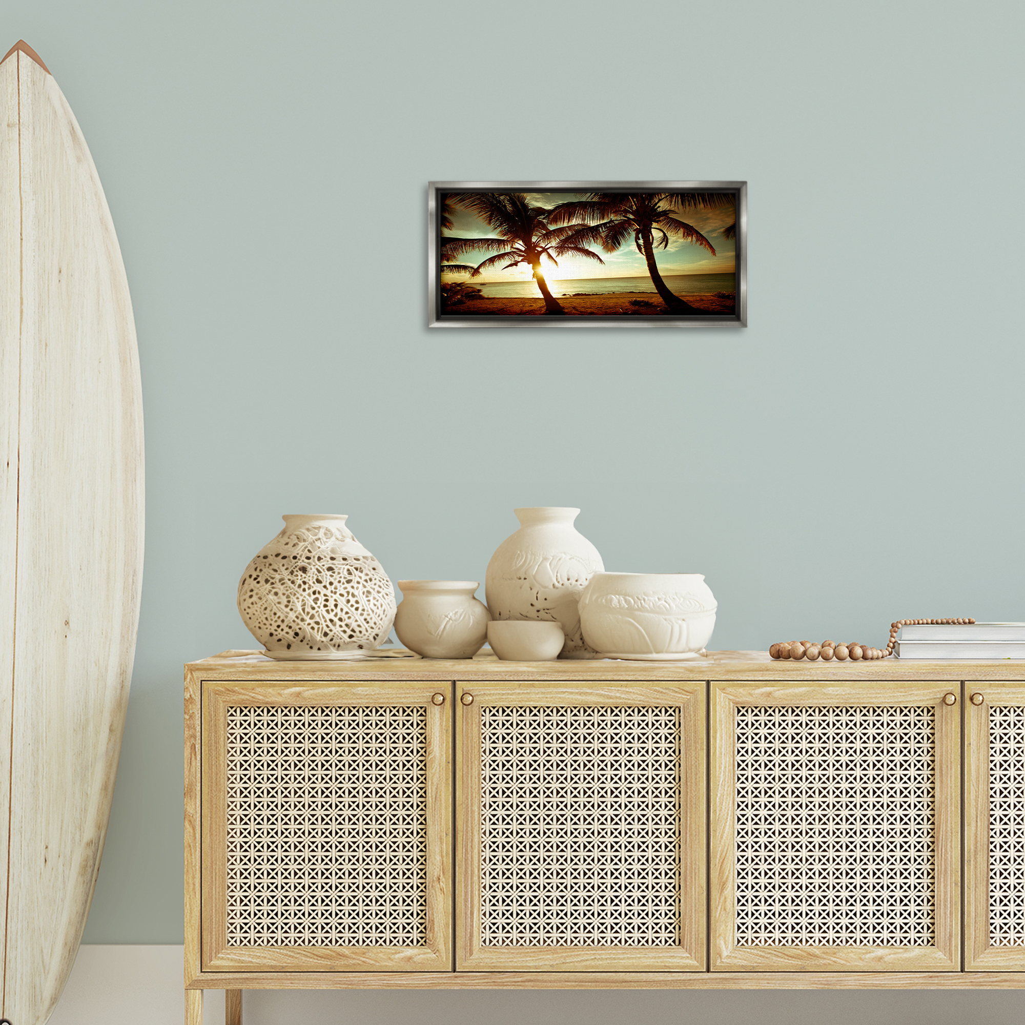 Stupell Industries Sunlit Palm Trees Coastal Photography Gray Floater Framed Canvas Art Print Wall Art, 25 x 11