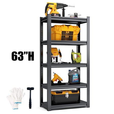 COOKCOK 5-Tier Storage Shelving Unit, Adjustable Metal Shelf, 31.5"x15.8"x63" Garage Storage Shelf, Heavy Duty Shelves, Racks Utility Shelf, Up to 2000lbs, With Hammer,Gloves,Black