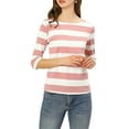 thumbnail image 2 of INSPIRE CHIC Women's Striped Shirts Slim Fit Elbow Sleeves Boat Neck T-Shirt XL Pink White, 2 of 7
