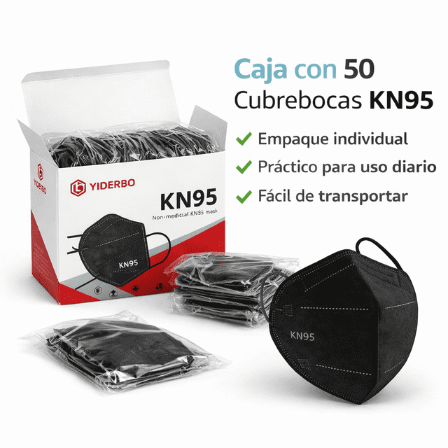 Cubrebocas KN95 Negros 5 Capas Alta Proteccion Paquete con 50 Piezas Mascarilla KN95 Desechable Transpirable Ajuste Comodo Filtracion Eficiente
