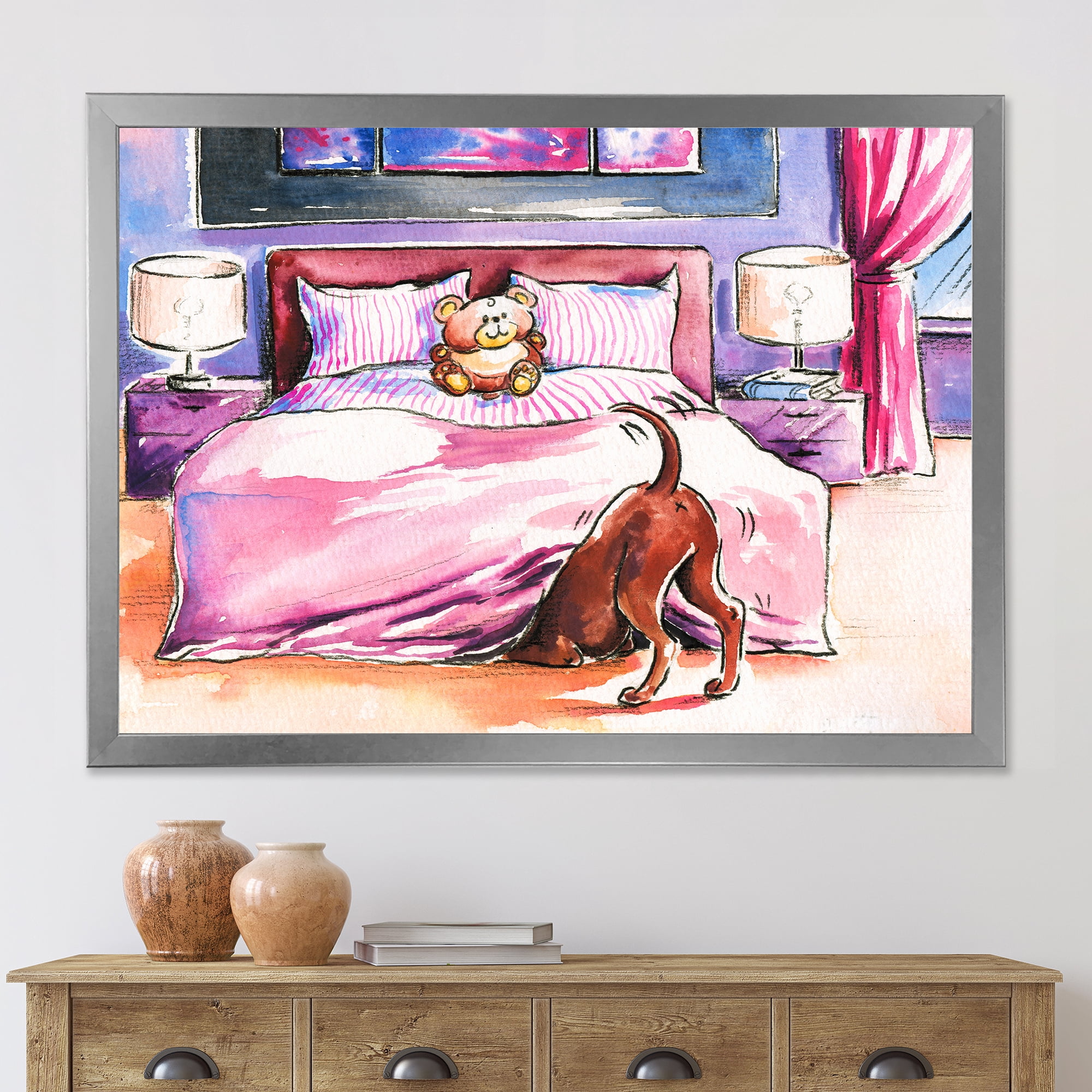 Designart 'Brown Dog Looking Under the Bed and Teddy Bear' Farmhouse Framed Art Print