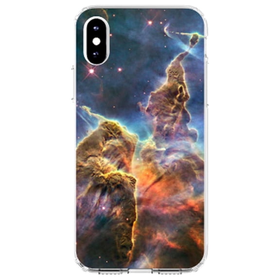 DistinctInk Clear Shockproof Hybrid Case for iPhone XS Max (6.5" Screen) - TPU Bumper, Acrylic Back, Tempered Glass Screen Protector - Blue Yellow Orange Carina Nebula - Show Your Love of Astronomy