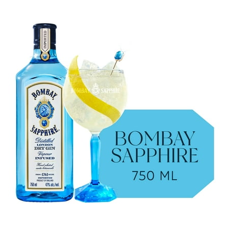 Bombay Sapphire Gin, 750 mL Blue Bottle, ABV 47%