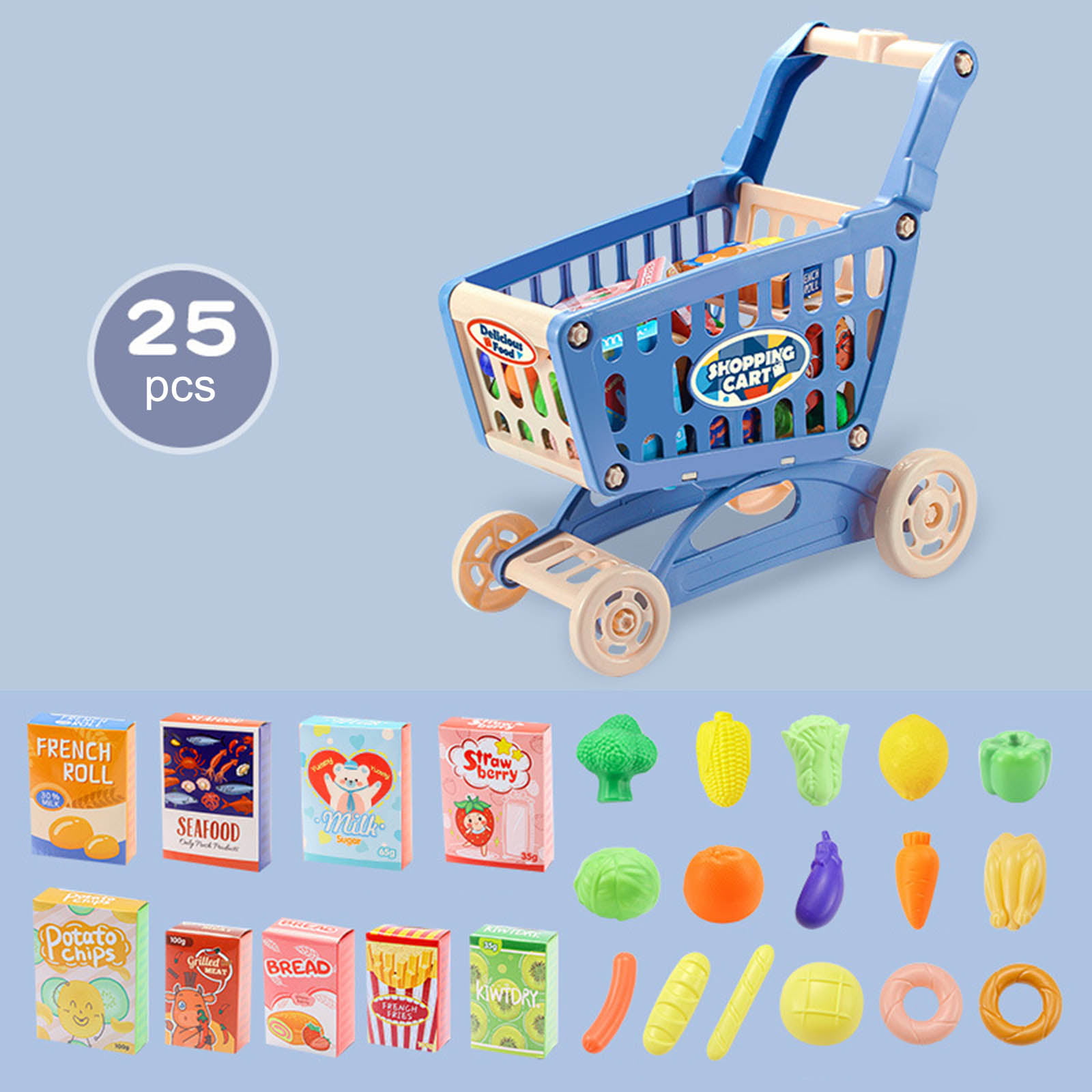 Children Blue/Pink Supermarket Kids Shopping TROLLY Cart W/ Fruits & Vegetable 