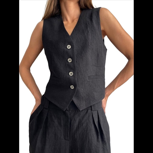 Conjuntos de 2 Piezas para Mujer: Chaleco de , Conjuntos Casuales Elegantes, Pantalones de Pierna , Trajes Negro S