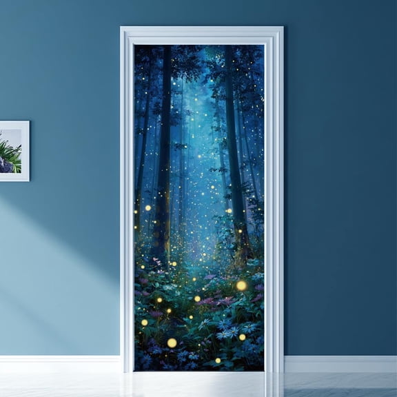 2 Pcs Self-Adhesive Door Stickers 31.5"x78.7" 3D Fireflies and Forest Woodland Pattern Door Murals Stickers PVC Doors Removable Wallpaper Decoration