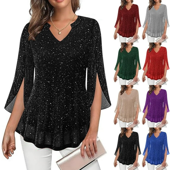 Nfurl 3/4 Ruffle Sleeve Sparkly Tops for Women Sequin V Neck Blouses Dressy Sheer Mesh Shirts Casual Evening Club Party Concert Shirt Black XL