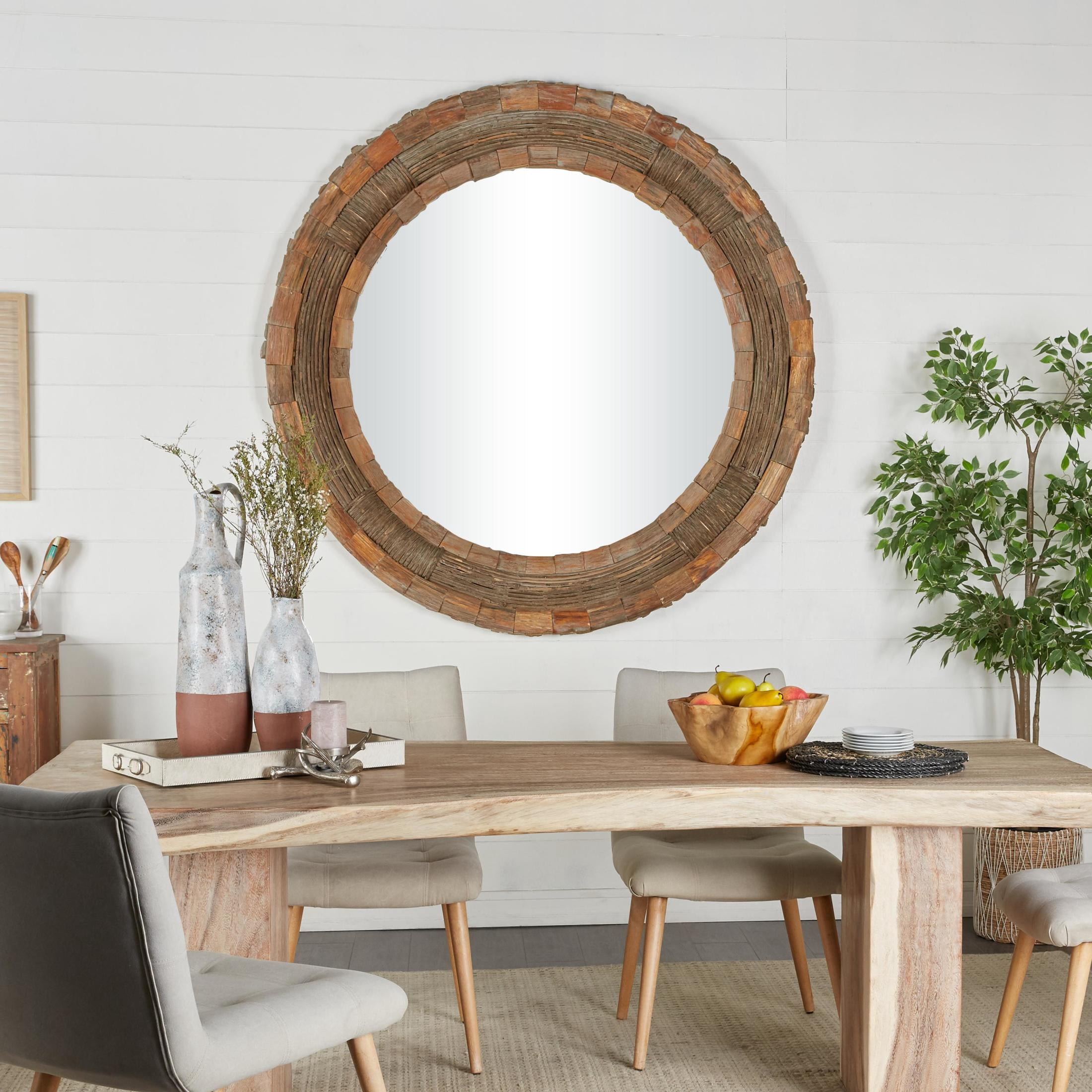 DecMode 65" x 65" Brown Large Wall Mirror with Layered Wood Chip and Stick Design