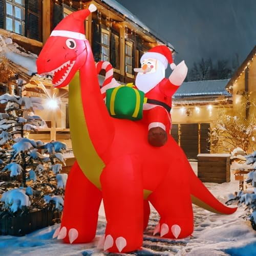 8.5FT Long Christmas Inflatables Outdoor Decorations, Blow Up Santa Claus Riding Dinosaur with Built-in LEDs for Christmas Indoor Outdoor Yard Lawn Garden Decorations$$Garden & Patio