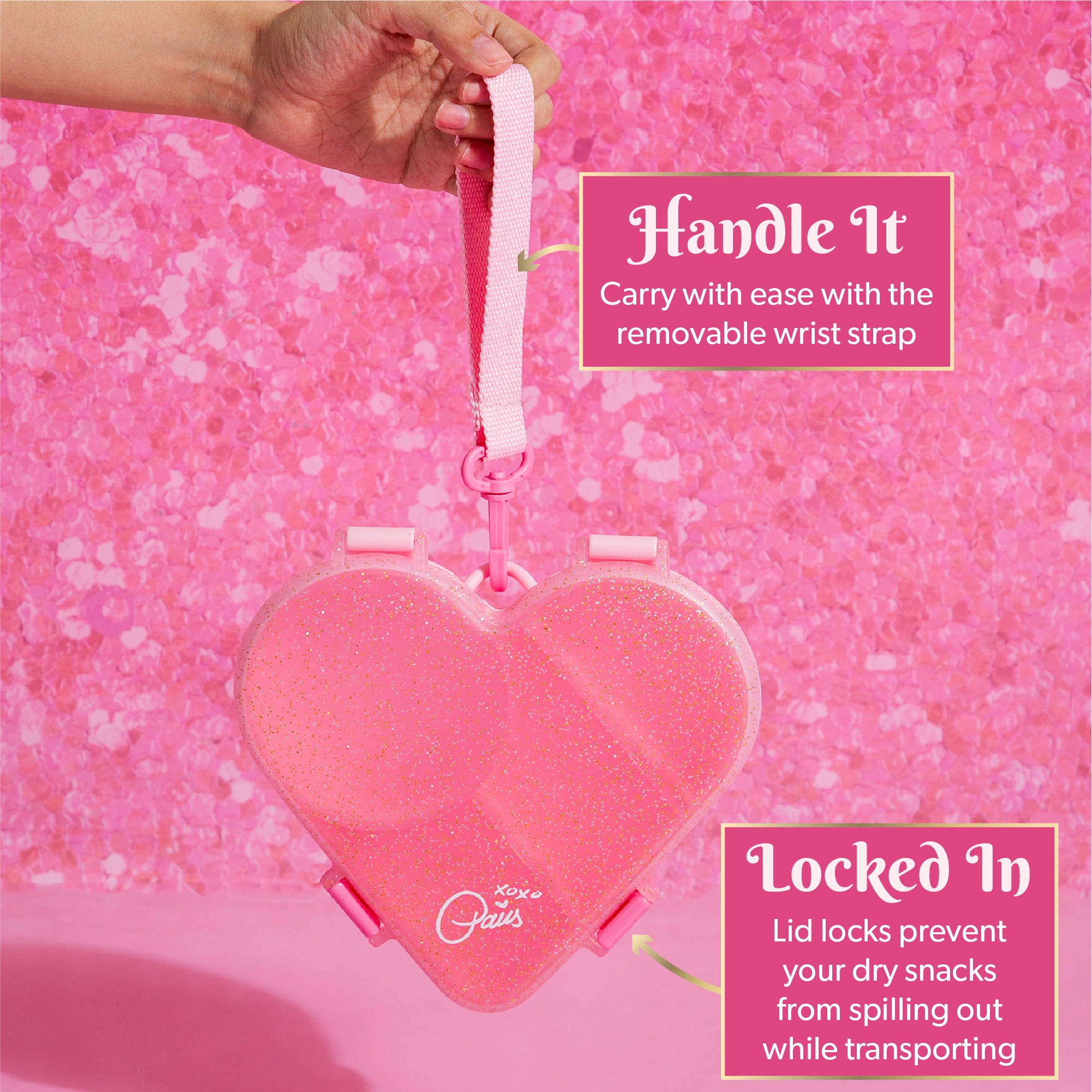 Paris Hilton Bento-Style Heart-Shaped Snack Box, Built-In Phone Stand, Removable Wrist Strap, Pink