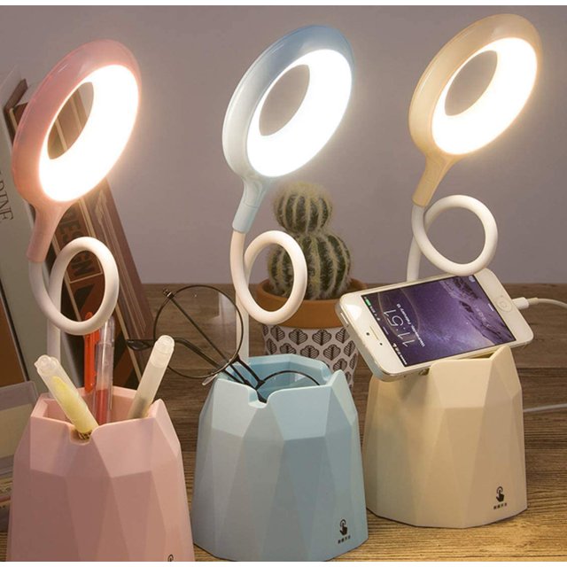 Lámpara de escritorio LED Protección para los ojos Lámpara de mesa para niños Lámpara de lectura recargable por USB con portalápices 3 niveles de brillo (ROSA)