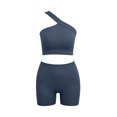 thumbnail image 4 of VBVC Women's One Shoulder Ribbed 2 Piece Workout Short Sets , Ladies' High Waist Yoga Matching Outfits , Sport Gym Athletic Activewear Sets For Women,Navy,Free Size, 4 of 7