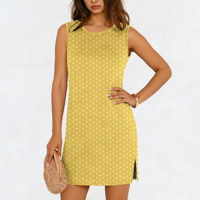 TaTaai Women's Casual Pullover Dress Sleeveless Round Neck Solid Color Slip Dress with Side Slit Lightweight Stretchy Summer Wear Gift