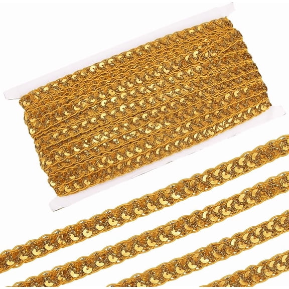 14.22 Yards 1/2 Inch Gold Sequin Ribbon Trim Flat Sequins Beaded Strip Metallic Glitter Gimp Woven Braid Lace Fabric Trimming Bulk for DIY Sewing Making Crafts Dresses Clothes Wedding Costume