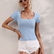 thumbnail image 2 of Top de punto con cuello en U para mujer, camisa de punto de manga corta ajustada informal de Color puro para el hogar diario al aire libre, 2 of 8