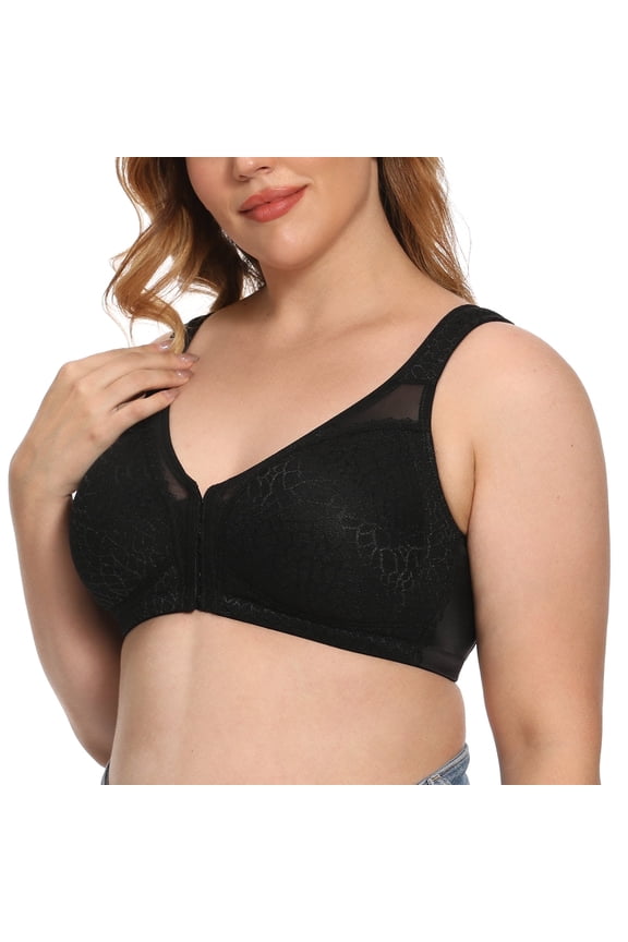 Women's Front Closure Full Coverage Wirefree Posture Back Plus Size Bra(34DD, Black)
