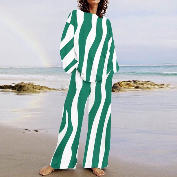 Puntoco Traje De Pantalón Y top De Cuello Redondo De Manga Larga Con Estampado Informal De Verano Para Mujer Verde Militar Xxxxxl