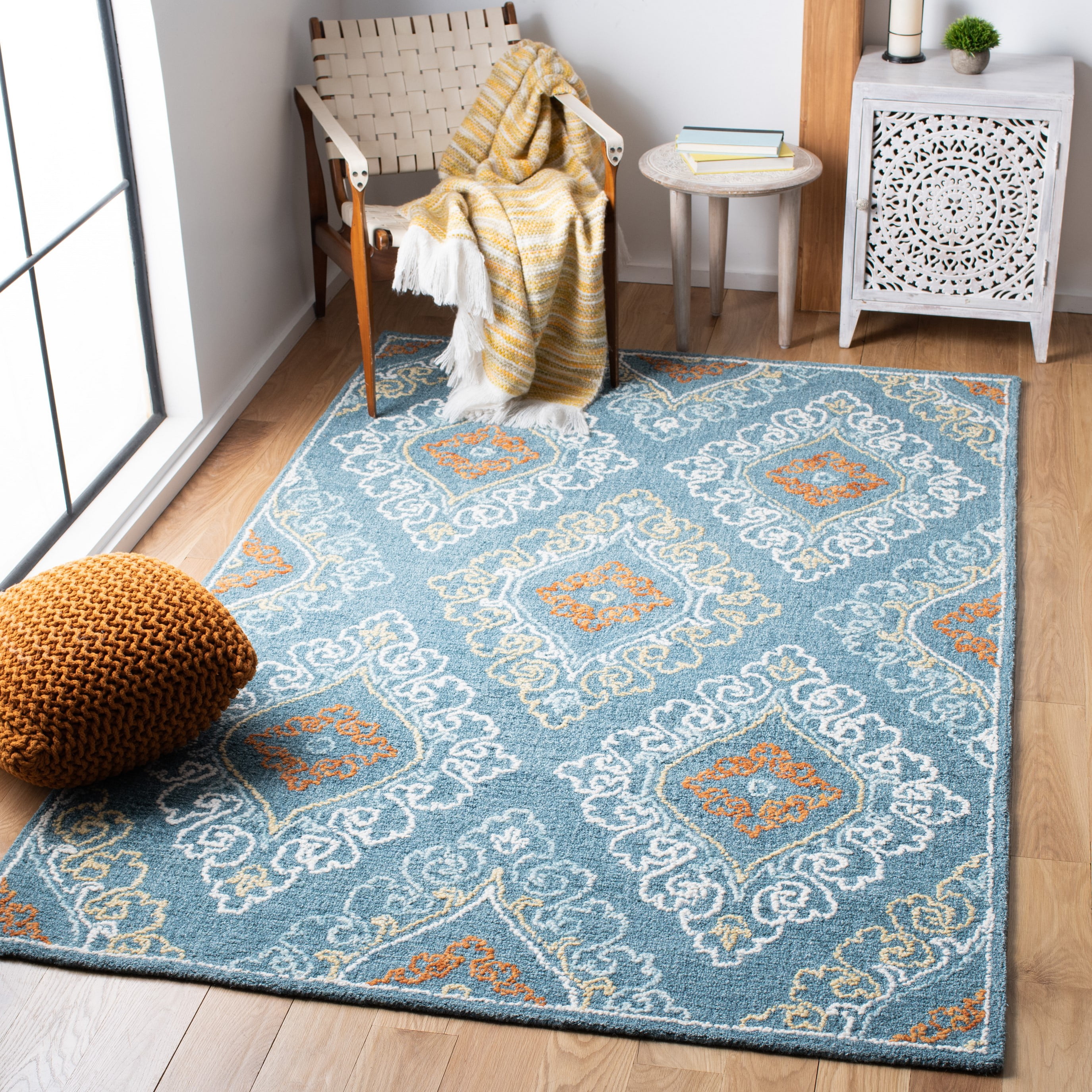 SAFAVIEH Blossom Abbey Damask Area Rug, Blue/Yellow, 6' x 6' Square