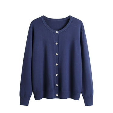 SEAOPEN Deals Women's Winter Button Down Cardigan Sweaters Mock Neck Lantern Long Sleeve Chunky Knit Jacket Trendy Outerwear Fall Savings Navy,L