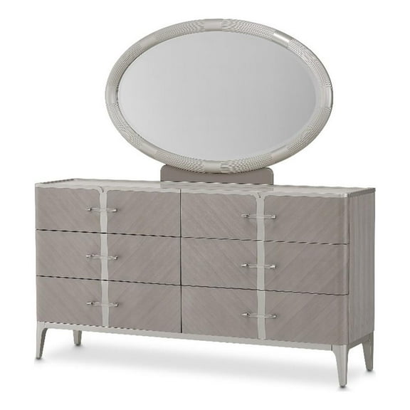 Michael Amini Lanterna Wood Dresser & Mirror Set in Silver Mist