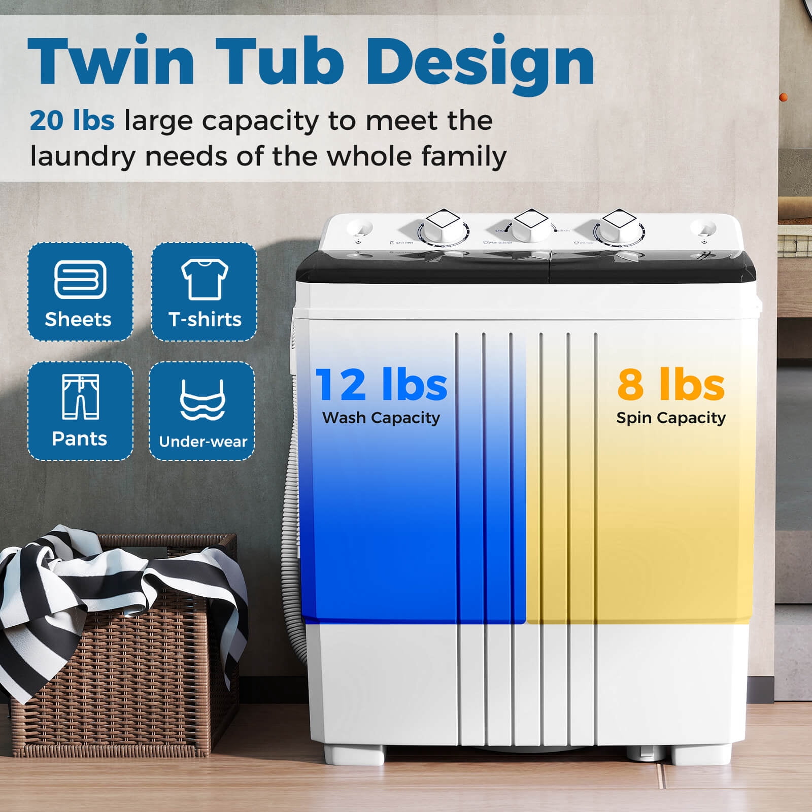 Costway Twin Tub Portable Washing Machine with Drain Pump Timer Control Dorm & RV's Black