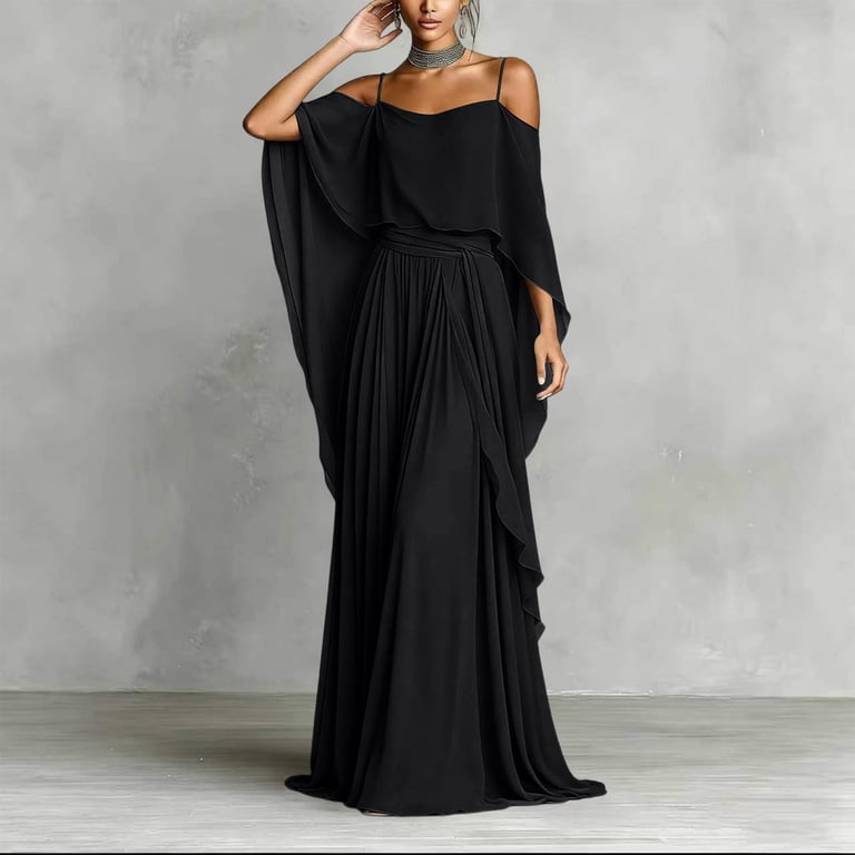 Ygbgbb Womens Dresses Off Shoulder Cape Sleeve High Waist Gathered Chiffon Maxi Gown for Bridesmaid Wedding Formal Cocktail Party Black M