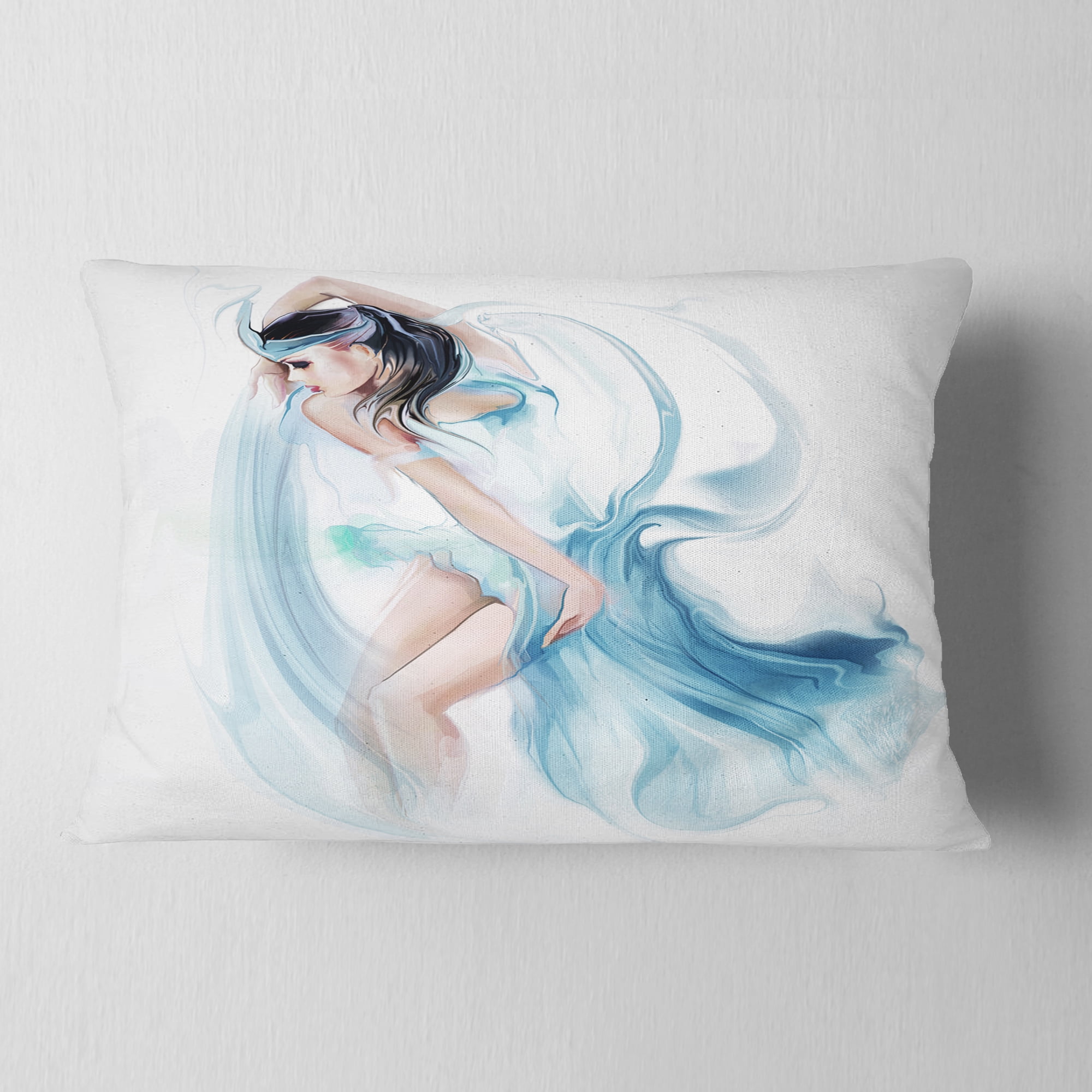 Designart Dancer Woman in Blue Dress - Digital Art Portrait Throw Pillow - 12x20